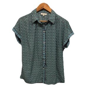 MAX STUDIO Womens Geometric Boho Button Up Blouse Size Medium Artsy Aztec Top